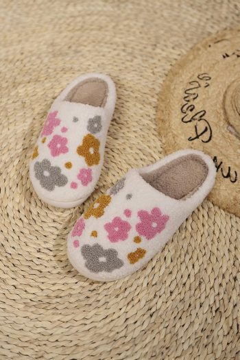 Femme Chaussons D'hiver Blancs à Fleurs Et Duveteux | Chaussures À Glissière