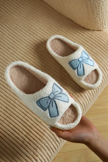 Femme Chaussons Duveteux à Bout Ouvert Et Nœud Brodé Bleu Clair | Chaussures À Glissière
